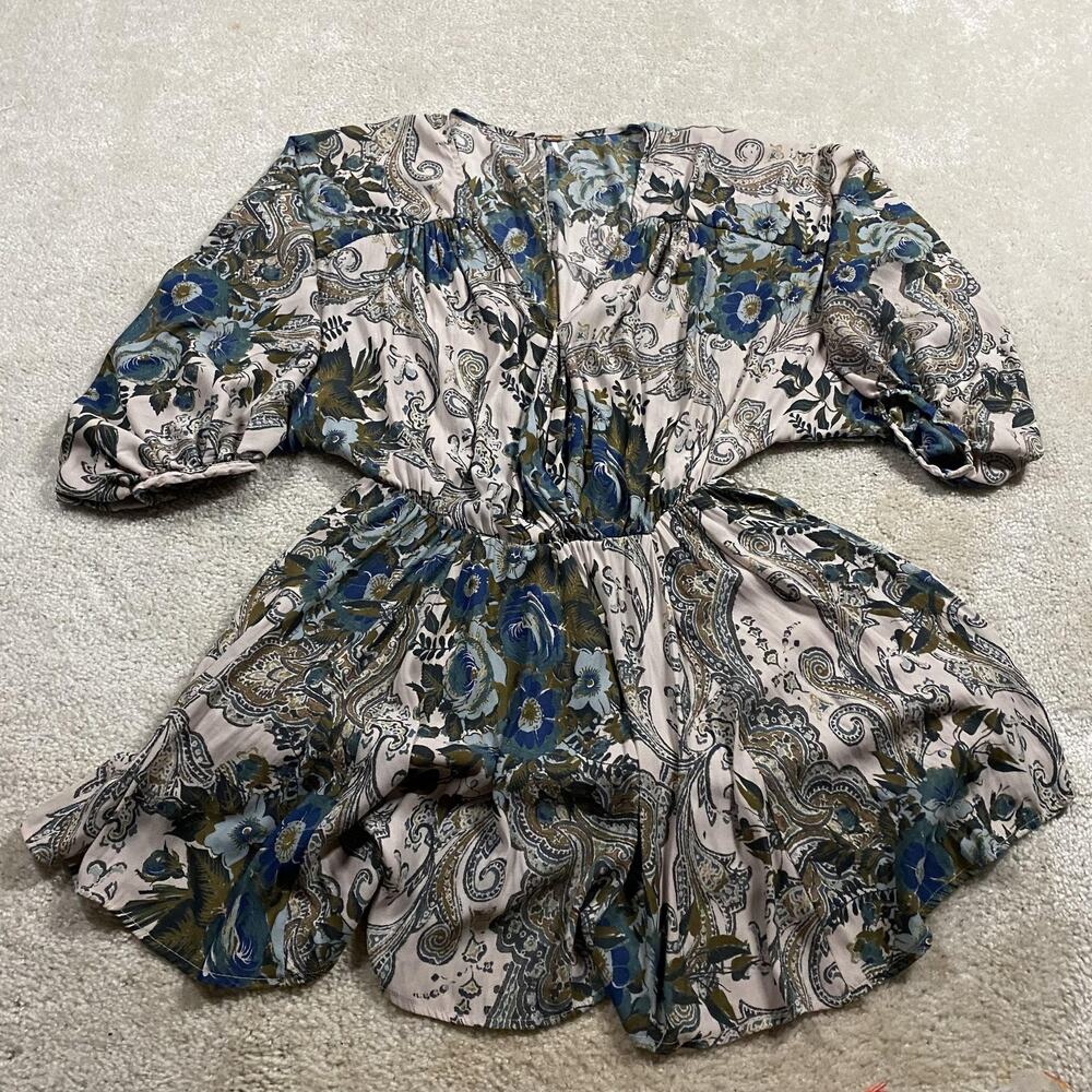 Free People Dress Womens‎ S Multicolor Floral Boho Flare Mini Puff Sleeve Lined